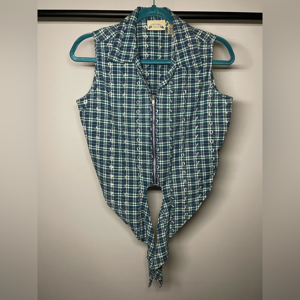 Best United Garment Company Brand Plaid Print Zip Up Tie Front Tank Top